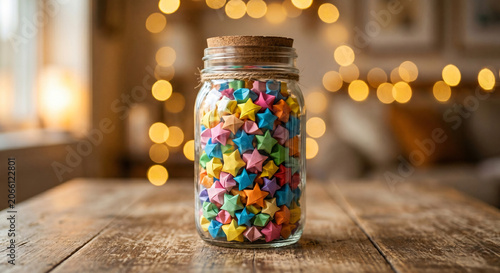 Colorful Origami Lucky Stars in a Glass Jar on a Rustic Wooden Table with Soft Bokeh Lights