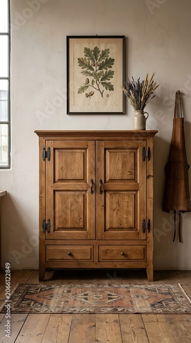 Rustic wooden cabinet in a vintage farmhouse interior