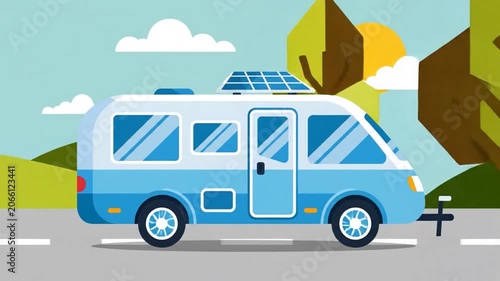 Modern Camper Van with Solar Panel on Road