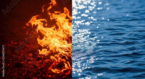 Juxtaposition of fiery flames and sparkling water in a split image
