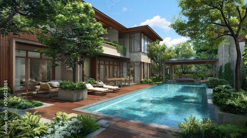 Modern Luxury House with Pool Surrounded by Green Trees and Wooden Deck in Bright Sunny Day
