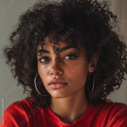 Close Up of Confident Young Woman with Curly Hair and Hoop Earrings Wearing Red Top in Indoor Setting