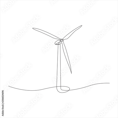 Minimalist continuous one-line art drawing of a wind turbine, flat design vector illustration.