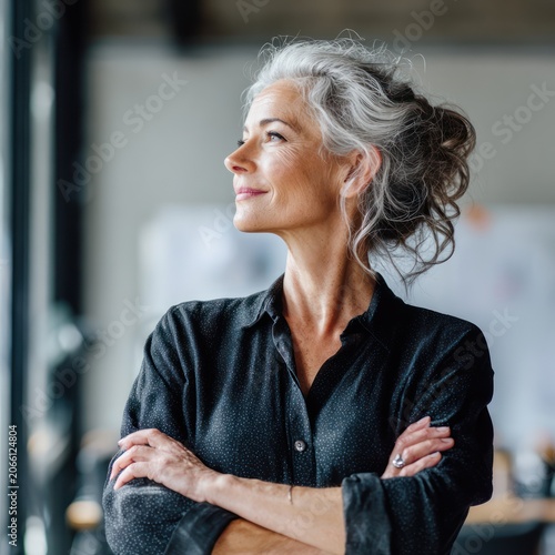 Elegant Senior Woman with Gray Hair Standing Confidently in Modern Office Environment