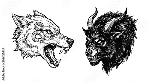 Foto Mythical Wolf and Demon Contrast Illustration