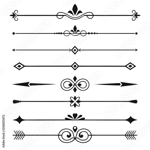 Set of black horizontal ornamental page dividers.