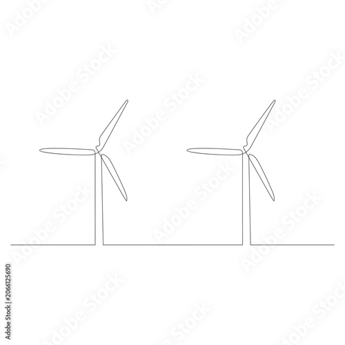 Minimalist continuous one-line art drawing of a wind turbine, flat design vector illustration.