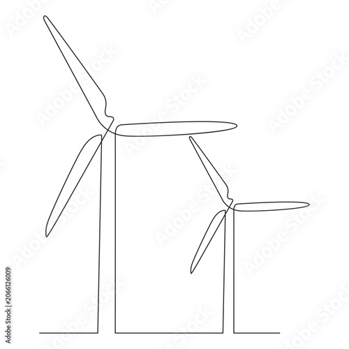 Minimalist continuous one-line art drawing of a wind turbine, flat design vector illustration.