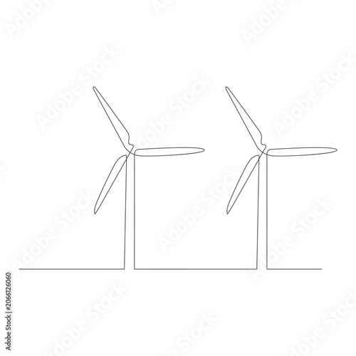 Minimalist continuous one-line art drawing of a wind turbine, flat design vector illustration.