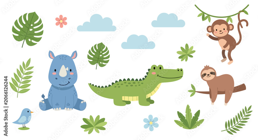 Obraz premium Adorable safari animals collection with rhino crocodile and monkey.