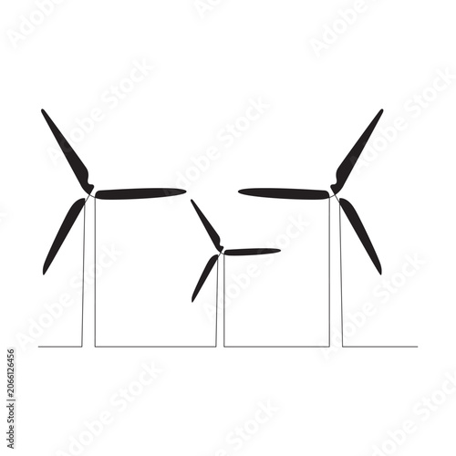 Minimalist continuous one-line art drawing of a wind turbine, flat design vector illustration.