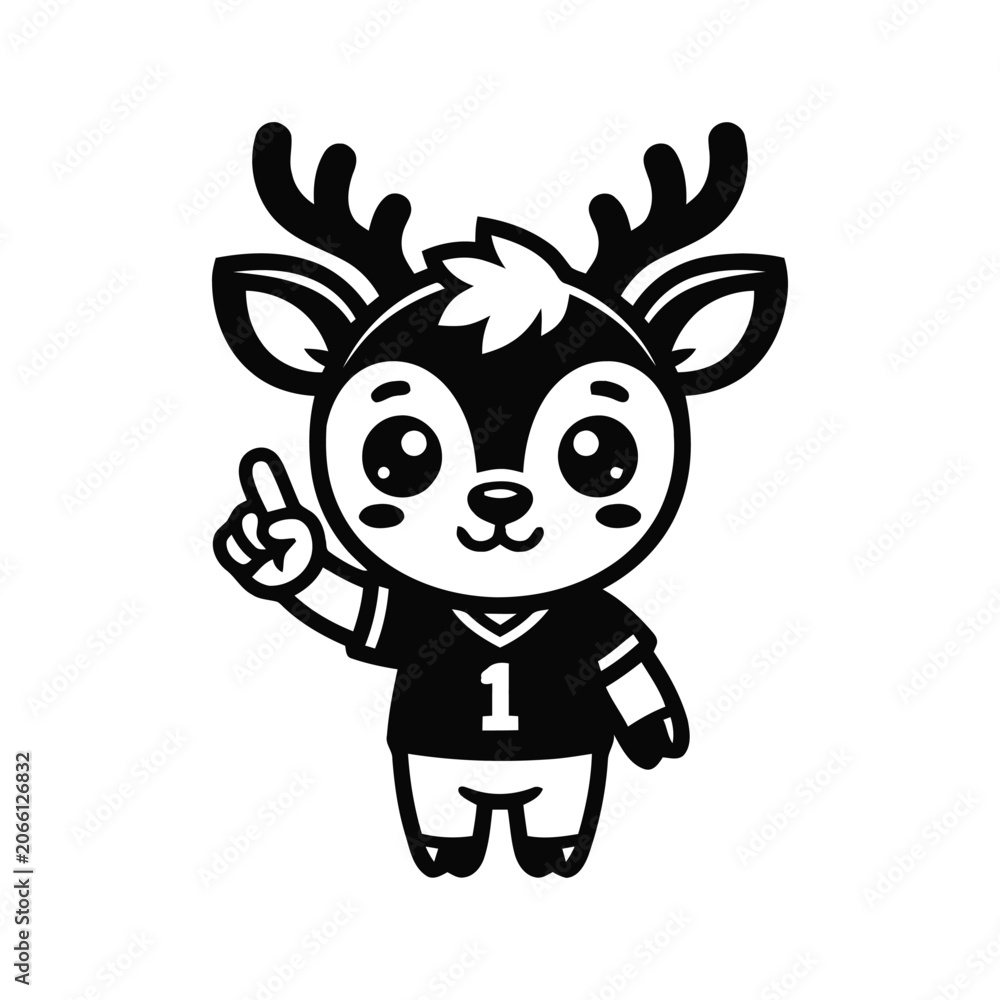 Fototapeta premium Cute cartoon deer mascot character in sports jersey pointing number one finger, black and white vector illustration