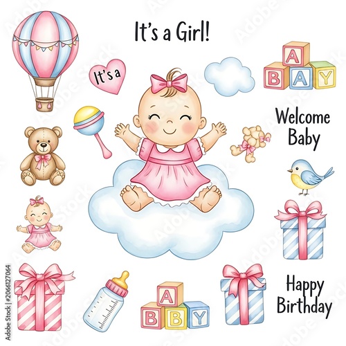 A baby girl themed illustration with pastel colors and cute objects