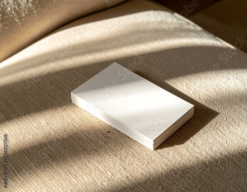 A blank white rectangular object on a beige fabric surface