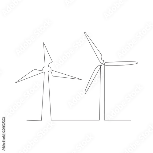 Minimalist continuous one-line art drawing of a wind turbine, flat design vector illustration.