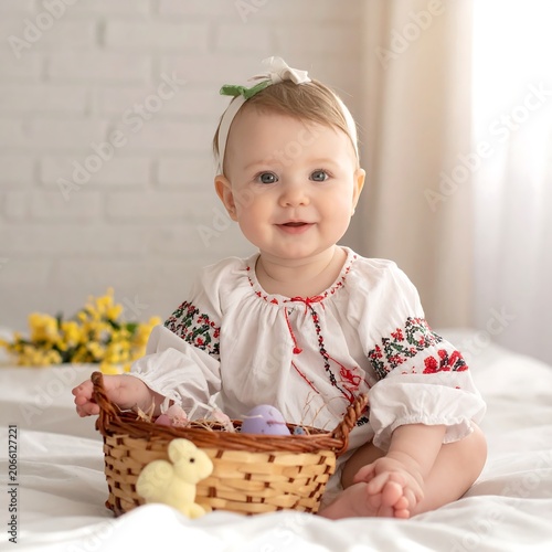 A baby girl with a headband sits with a basket of toys
