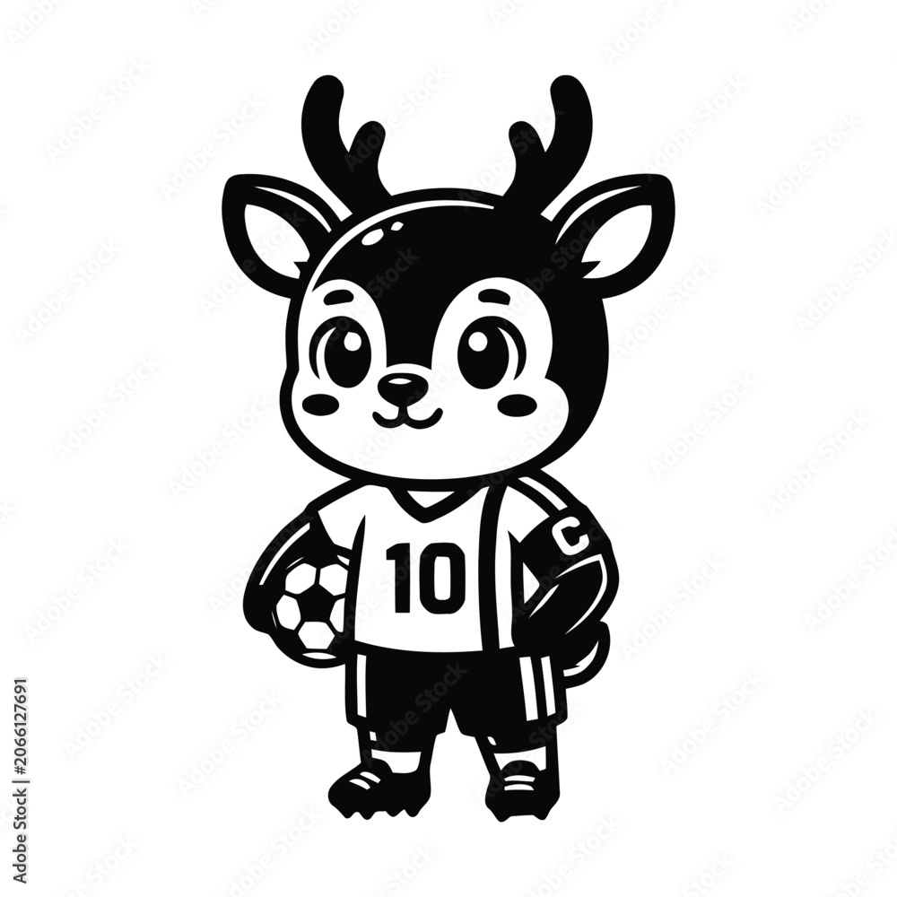 Obraz premium Cute cartoon deer soccer player mascot illustration, black and white sports mascot logo