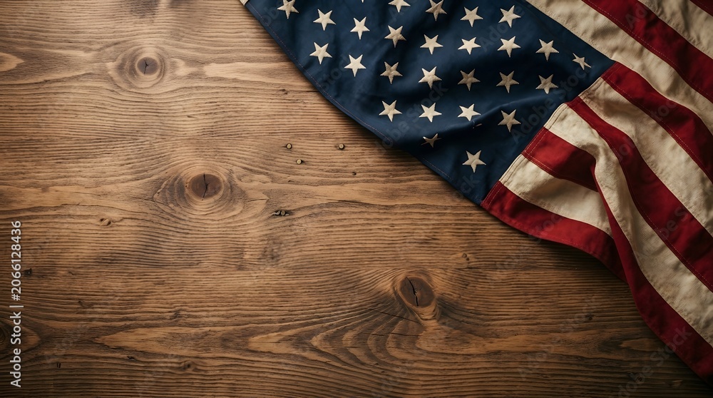 Obraz premium American flag on rustic wood table patriotic symbolism united states of america overhead view