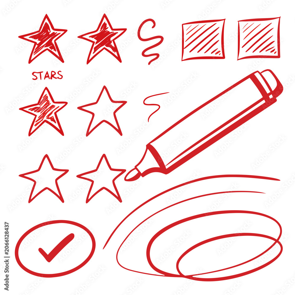 Fototapeta premium Red marker stars squares doodles and swirls.