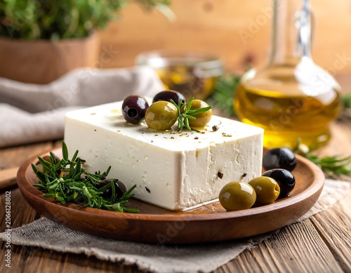 A block of white cheese on a wooden plate with olives and herbs on a rustic wooden table