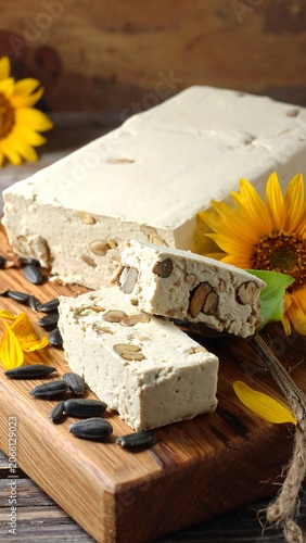 A block of white nougat with nuts on a wooden cutting board with sunflowers and seeds
