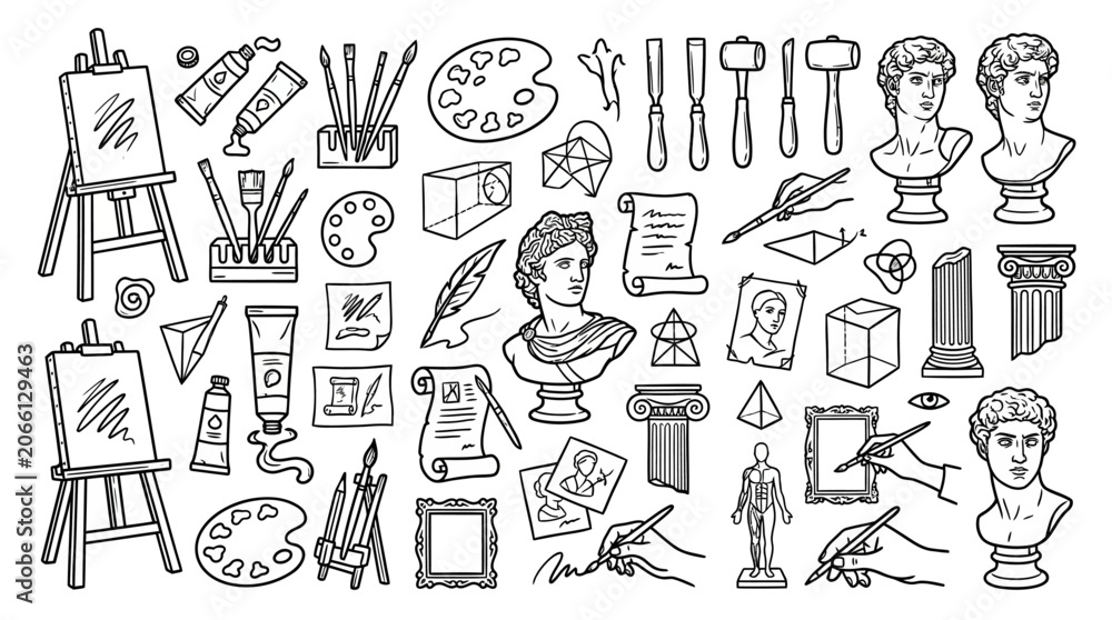 Fototapeta premium Artistic Tools, Sculptures, and Classic Elements - Hand-Drawn Illustration
