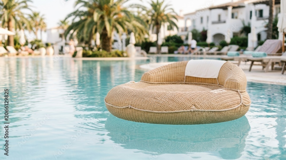 Obraz premium Luxurious Poolside Lounge with Inflatable Float and Tropical Setting.
