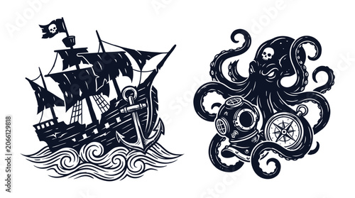Pirate Ship and Kraken Octopus with Diving Helmet