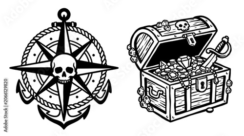 Pirate Treasure Chest and Compass with Skull - Vector Illustration