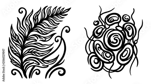 Abstract black ink feather and organic shapes illustration