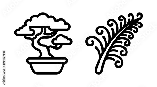 Bonsai Tree and Fern Leaf Line Art Icons