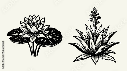 Water Lily and Aloe Vera Botanical Illustrations, Vintage Style