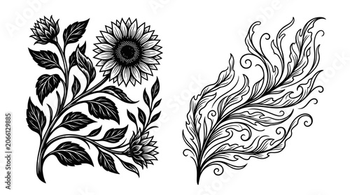 Black and White Floral Ornaments: Sunflower and Swirls
