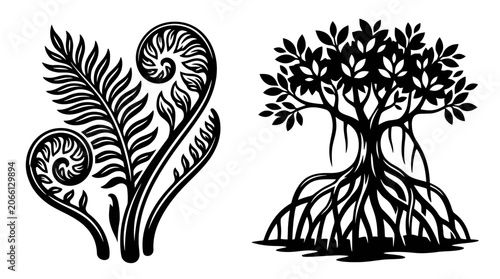 Fern Fronds and Mangrove Tree Icons