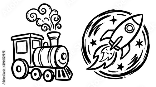 Hand-drawn cartoon train and rocket ship icons