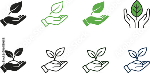Eco friendly nature care icons set with leaf sprout and holding hand symbols vector illustration