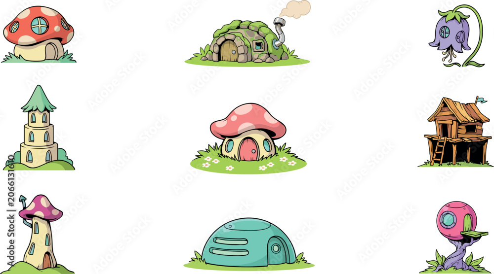 Fototapeta premium Cute Cartoon Fantasy Fairy Tale House Set with Mushroom, Stone, Wood, Tower, and Dome Homes for Game UI and Kids Design Projects