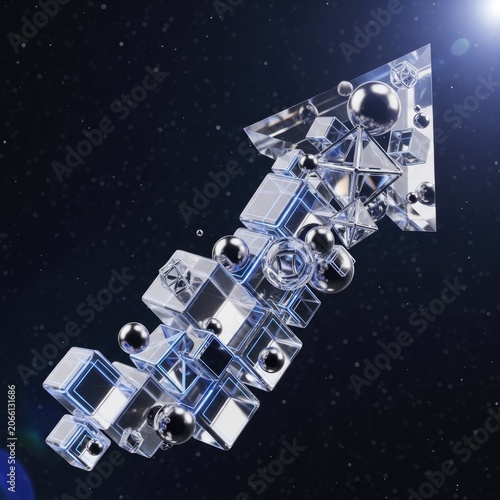 Abstract crystal arrow pointing up in space with metallic spheres