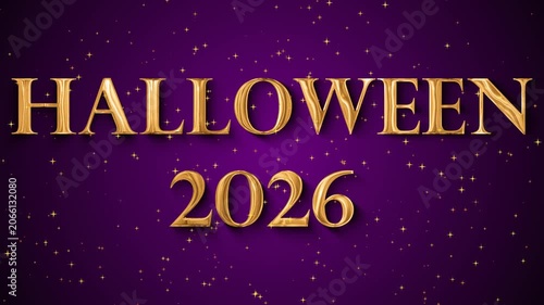 Halloween 2026 golden text on purple starry background