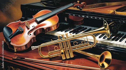 Orchestral Harmony: A violin and a trumpet rest elegantly on the polished surface of a grand piano, a still life composition of musical instruments poised for a symphony.