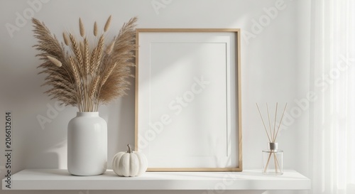 Minimalist home decor with dried pampas grass in a vase and empty frame