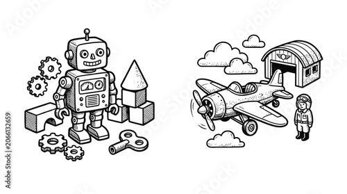 Schilderij op canvas Children's Toys: Robot, Airplane, Hangar, Blocks, Clouds