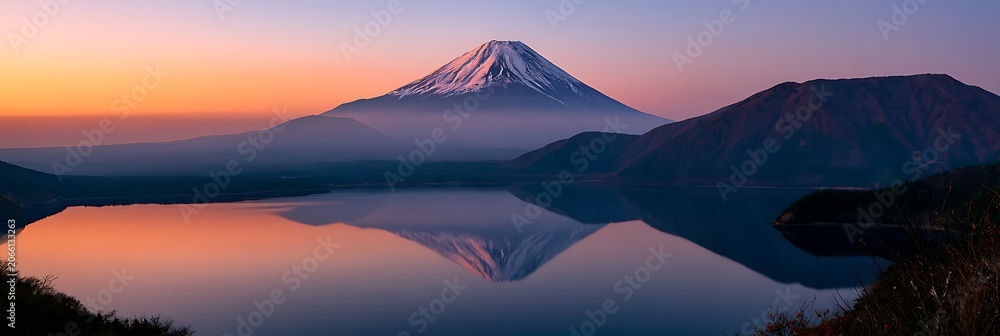 Fototapeta premium Mount Fuji Reflection at Dawn: The majestic peak of Mount Fuji, dusted with snow and shrouded in mist, is perfectly mirrored in the tranquil waters of a lake at sunrise.