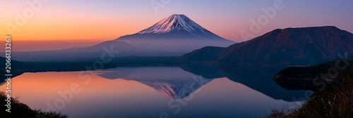 Mount Fuji Reflection at Dawn: The majestic peak of Mount Fuji, dusted with snow and shrouded in mist, is perfectly mirrored in the tranquil waters of a lake at sunrise.