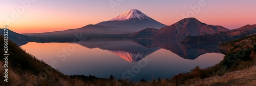 Mount Fuji Reflection: The majestic Mount Fuji, capped with snow, stands proudly beside a serene lake, its iconic reflection mirrored in the calm water during a breathtaking sunrise.