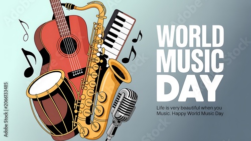 Celebrate World Music Day: A vibrant illustration featuring a guitar, saxophone, drum, piano keys, and microphone, accompanied by musical notes and the prominent text WORLD MUSIC DAY.