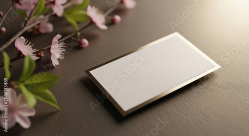 Blank white card with delicate pink blossoms and soft sunlight