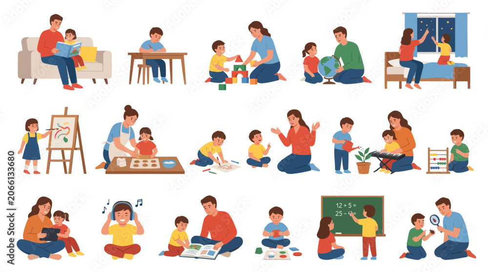 Fototapeta premium Diverse Family Activities: Learning, Playing, and Growing Together in Flat Style