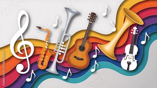 Musical Symphony: A vibrant abstract composition showcases a collection of musical instruments and symbols, including a guitar, saxophone, violin, and trumpet, set against a colorful.