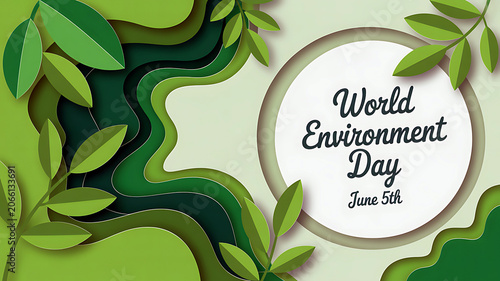 World Environment Day Theme: A vibrant paper-cut illustration showcasing lush green foliage and layered organic shapes, beautifully designed to represent World Environment Day.